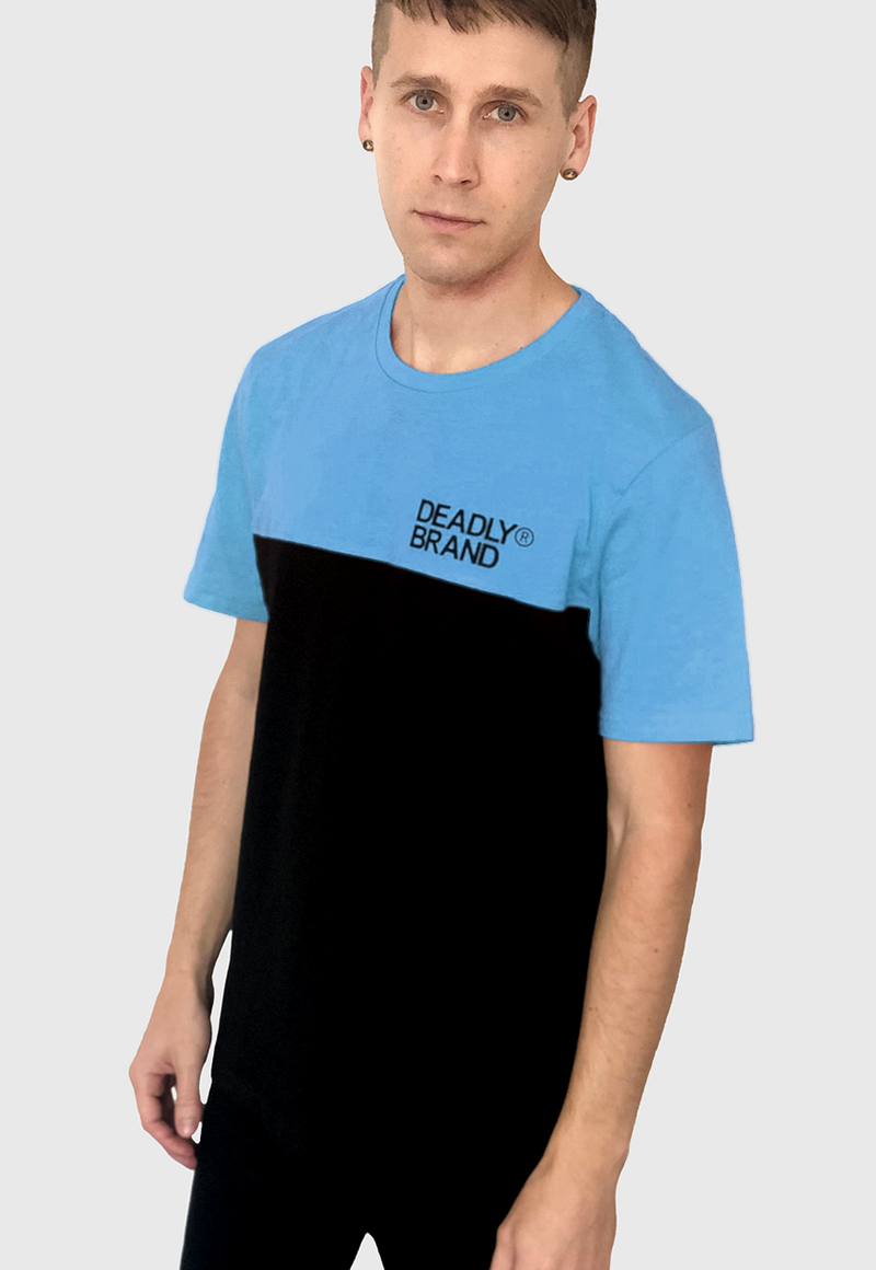 DEADLY BRAND® Block Blue T-shirt. Black T-shirt with blue chest and sleeves. Logo printed on the left side chest.  Available in sizes: S/M/L/XL/XXL.