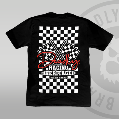 DEADLY. Racing Black T-shirt (With Back Print) flag