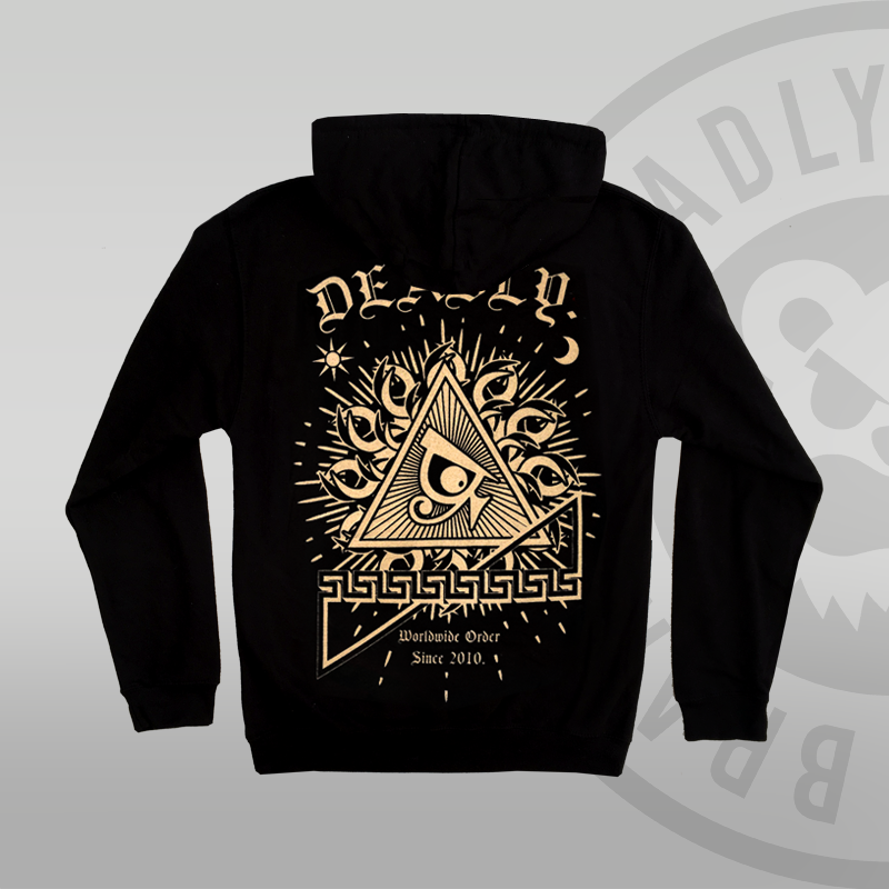 DEADLY. Worldwide Order Black Pullover Hoodie Oversized large back print gold